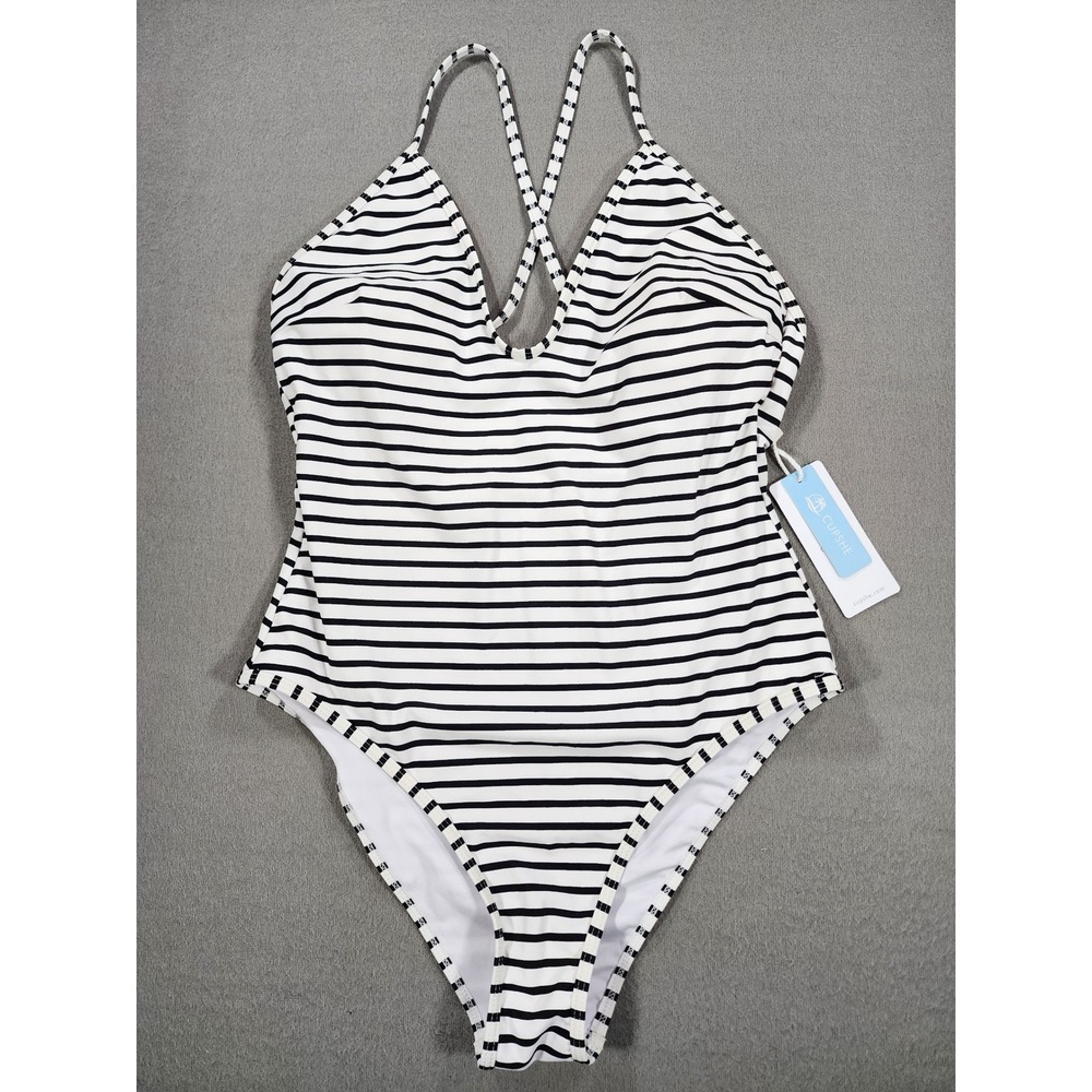 Cupshe Lasting Appeal Striped Black White One Piece Swimsuit XL Plunge Racerback